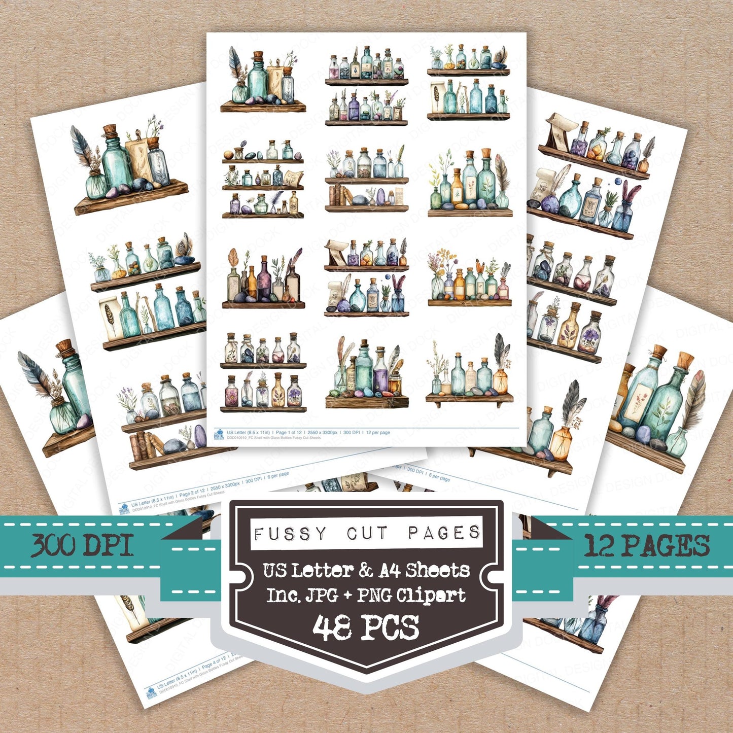 Shelf with Glass Bottles fussy cut printable sheets for junk journaling, scrapbooking, and paper craft projects