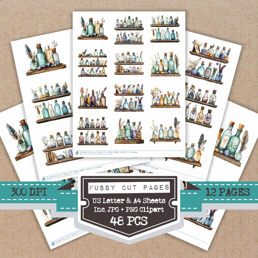 Shelf with Glass Bottles fussy cut printable sheets for junk journaling, scrapbooking, and paper craft projects