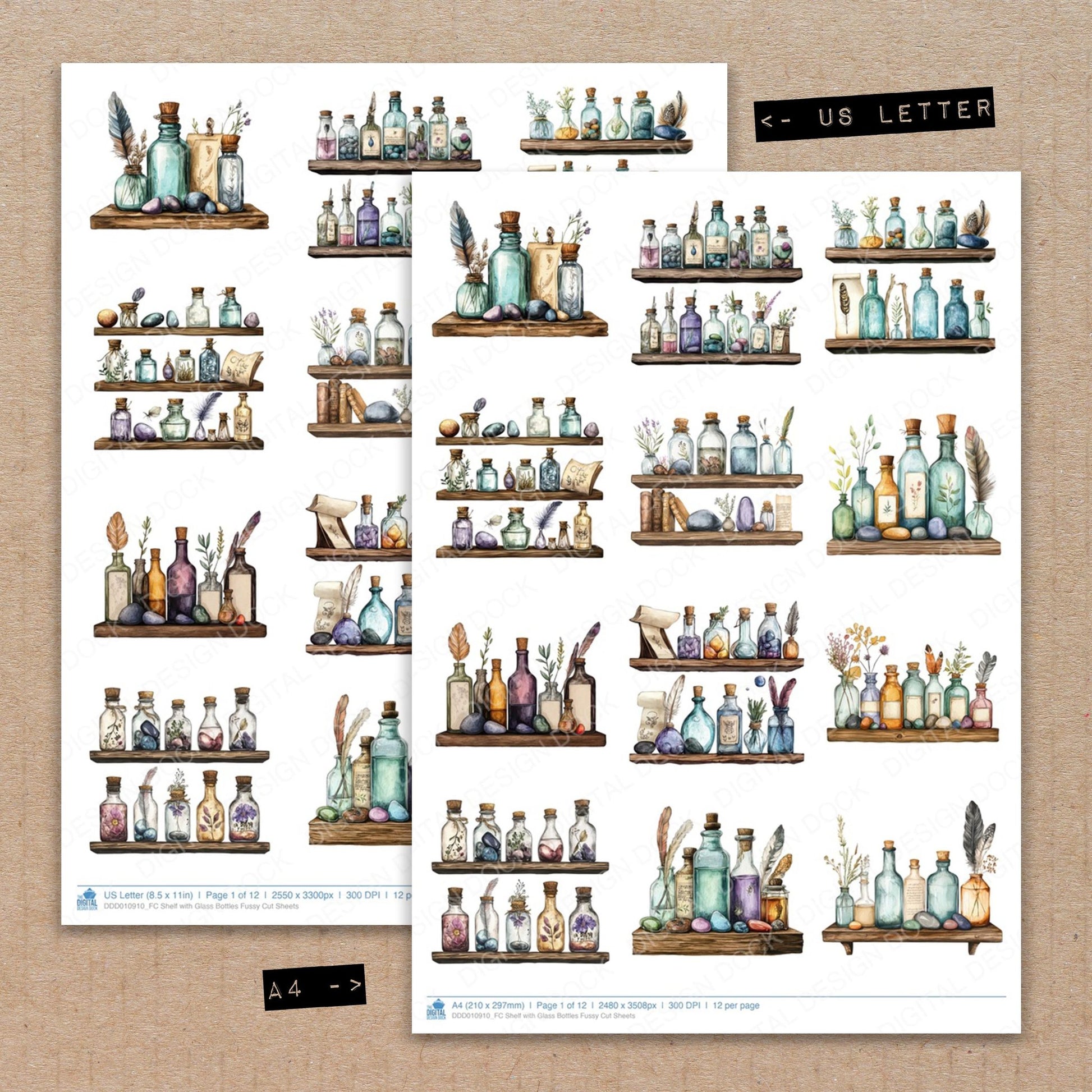 A4 and US Letter format comparison showing Shelf with Glass Bottles fussy cut pages for print and cut crafting