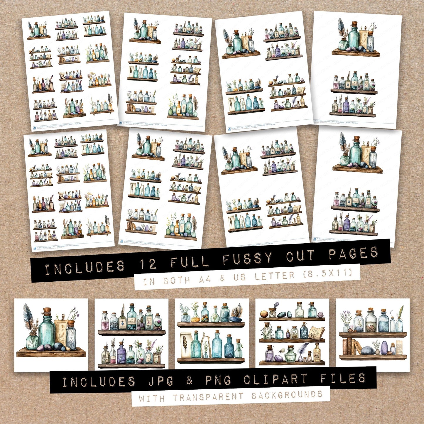 Full collection view of Shelf with Glass Bottles fussy cut sheets with bonus clipart JPG and PNG files