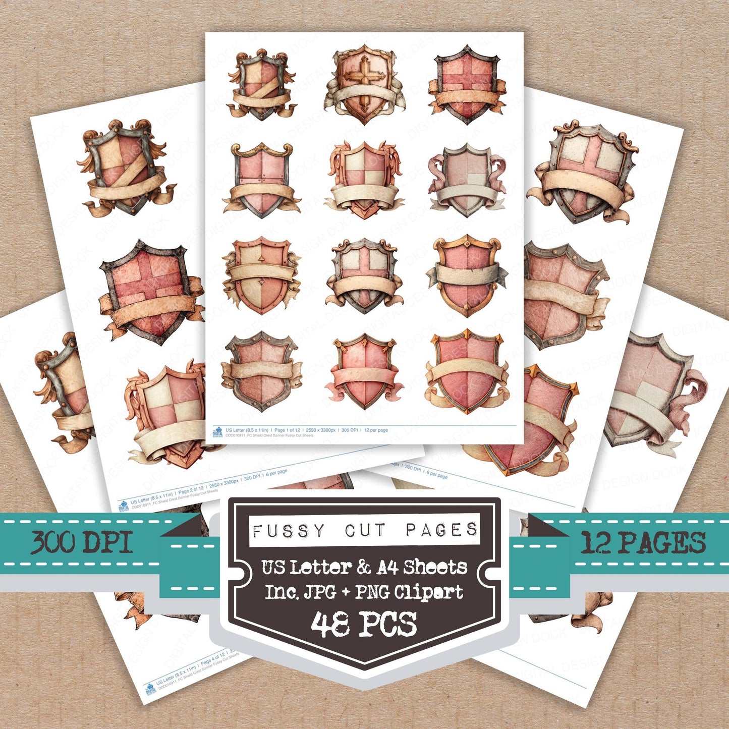 Shield Crest Banner fussy cut printable sheets for junk journaling, scrapbooking, and paper craft projects