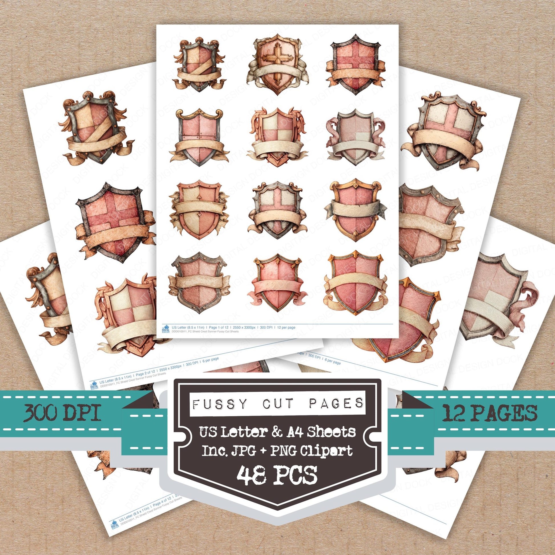Shield Crest Banner fussy cut printable sheets for junk journaling, scrapbooking, and paper craft projects