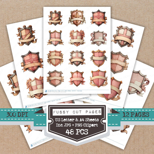 Shield Crest Banner fussy cut printable sheets for junk journaling, scrapbooking, and paper craft projects