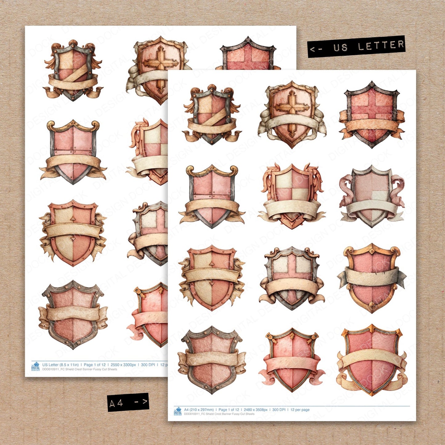 A4 and US Letter format comparison showing Shield Crest Banner fussy cut pages for print and cut crafting