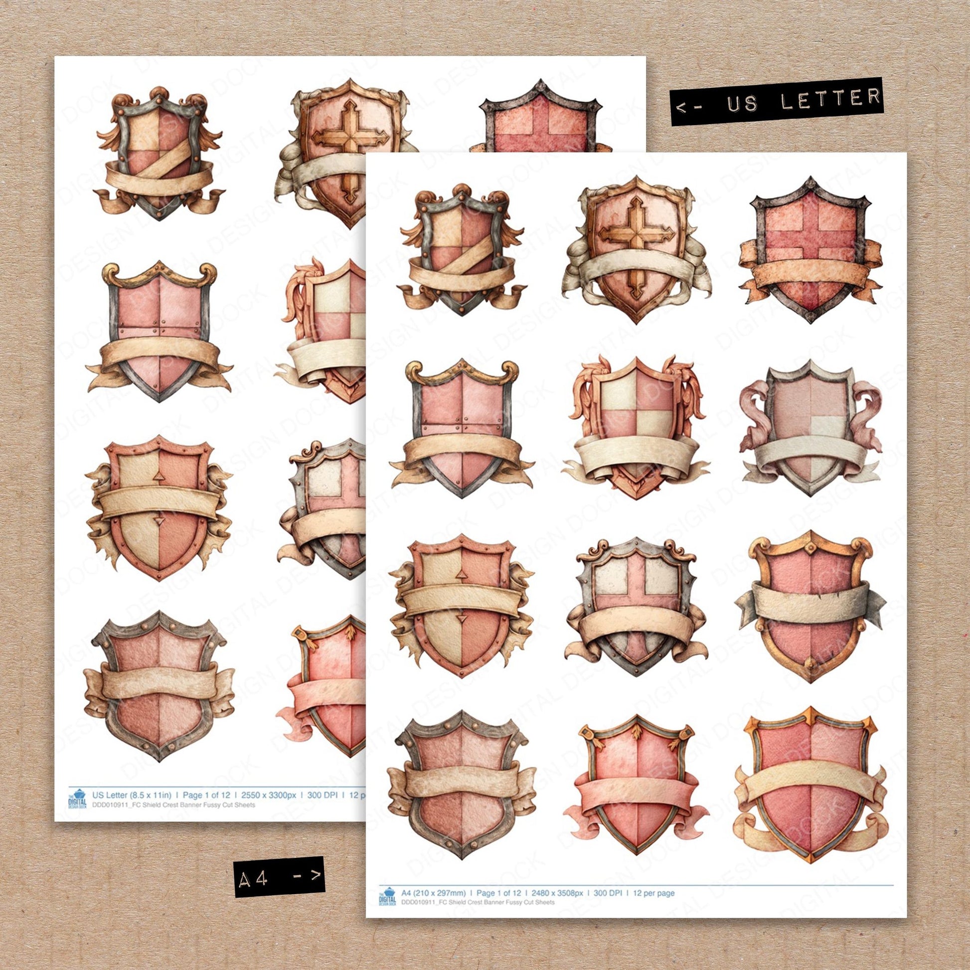 A4 and US Letter format comparison showing Shield Crest Banner fussy cut pages for print and cut crafting