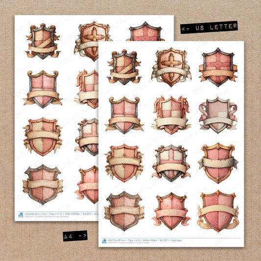 A4 and US Letter format comparison showing Shield Crest Banner fussy cut pages for print and cut crafting