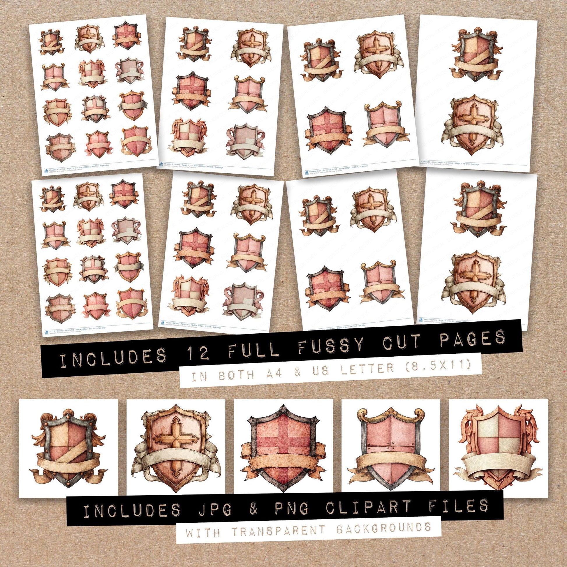 Full collection view of Shield Crest Banner fussy cut sheets with bonus clipart JPG and PNG files