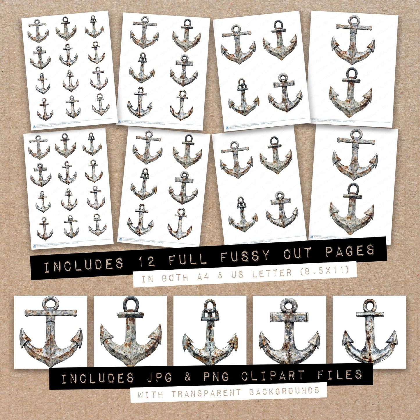 Full collection view of Ships Anchor fussy cut sheets with bonus clipart JPG and PNG files