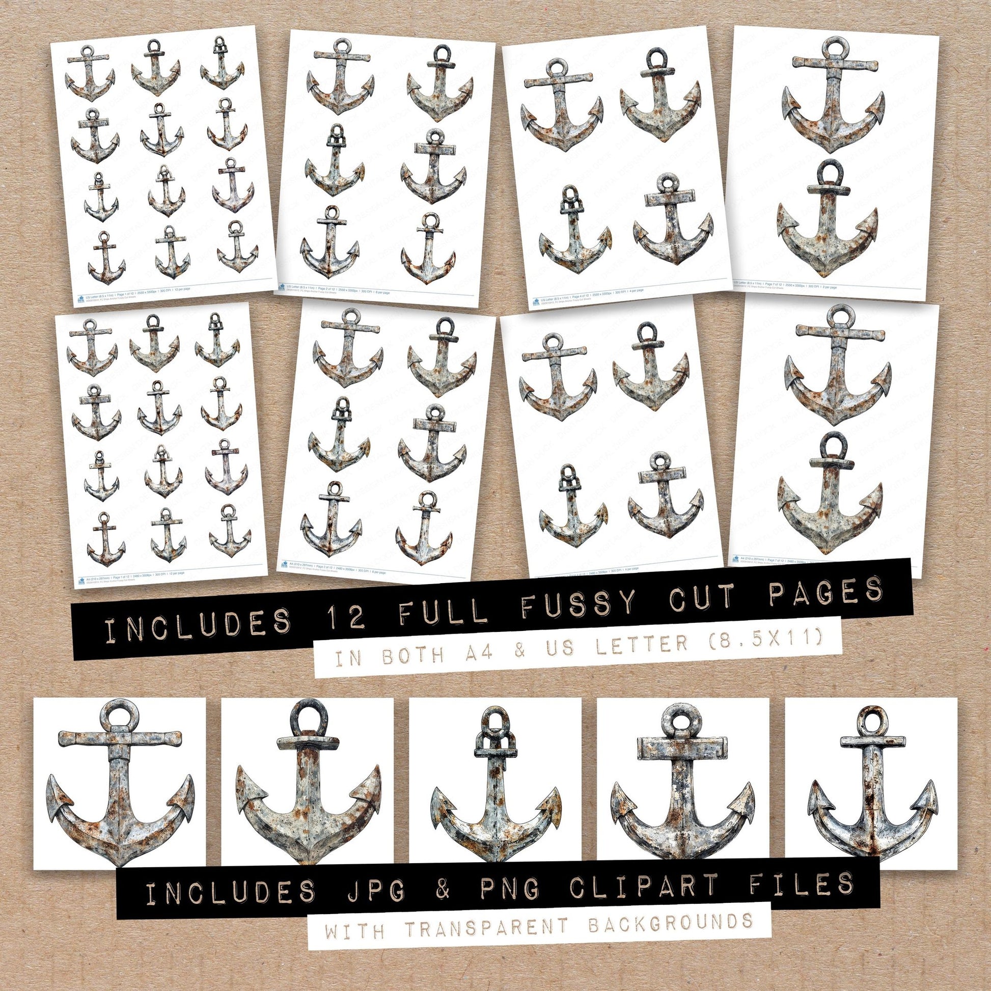 Full collection view of Ships Anchor fussy cut sheets with bonus clipart JPG and PNG files