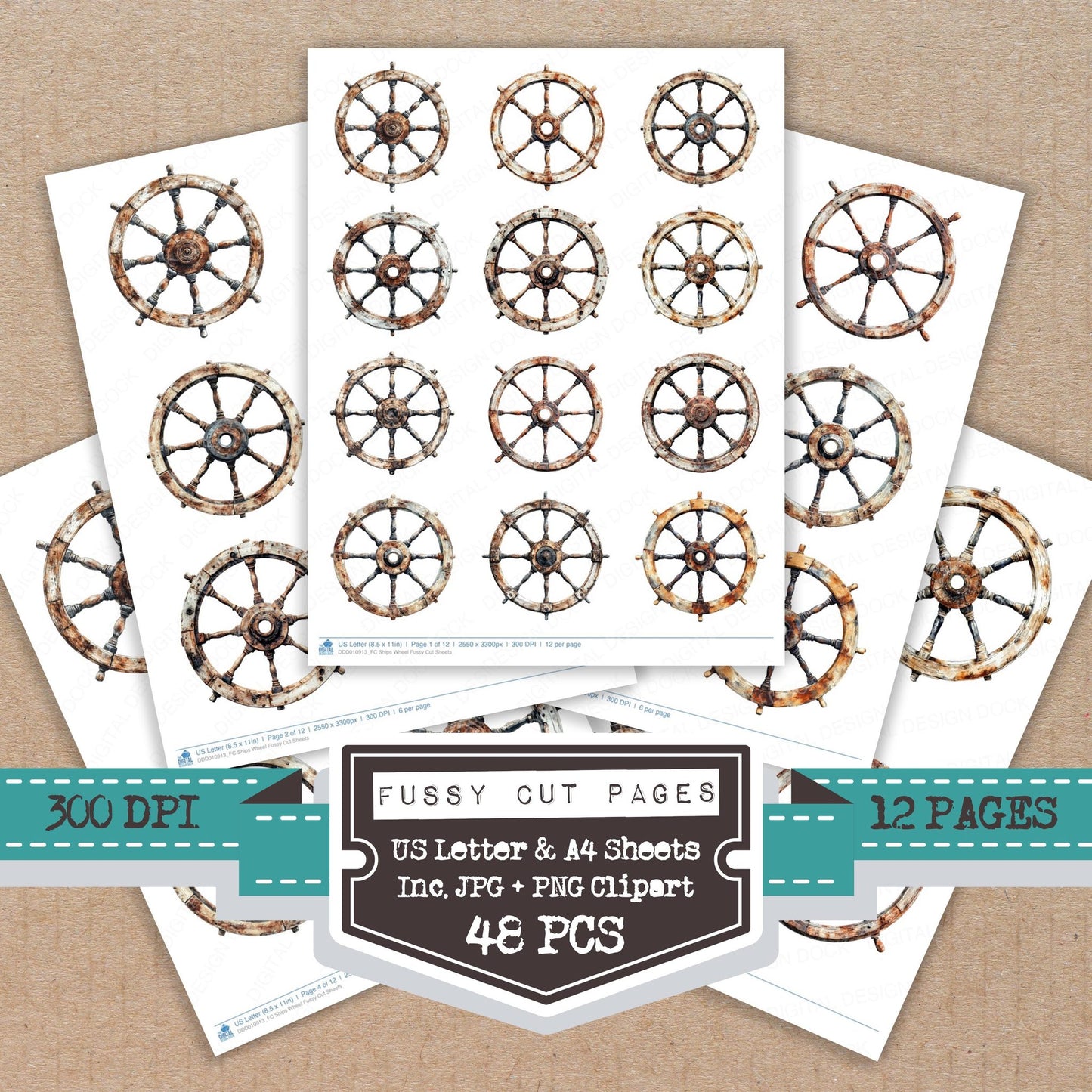 Ships Wheel fussy cut printable sheets for junk journaling, scrapbooking, and paper craft projects