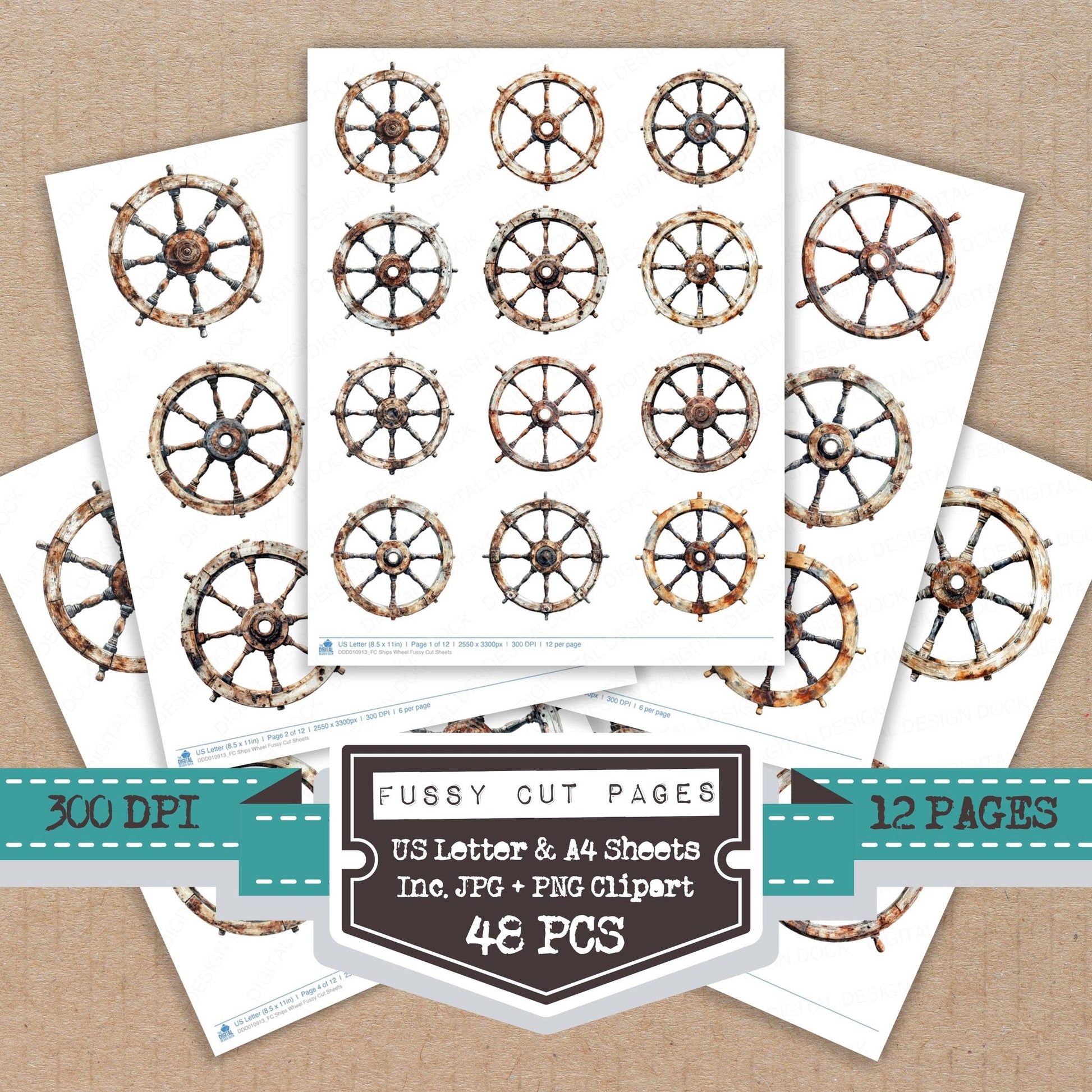 Ships Wheel fussy cut printable sheets for junk journaling, scrapbooking, and paper craft projects