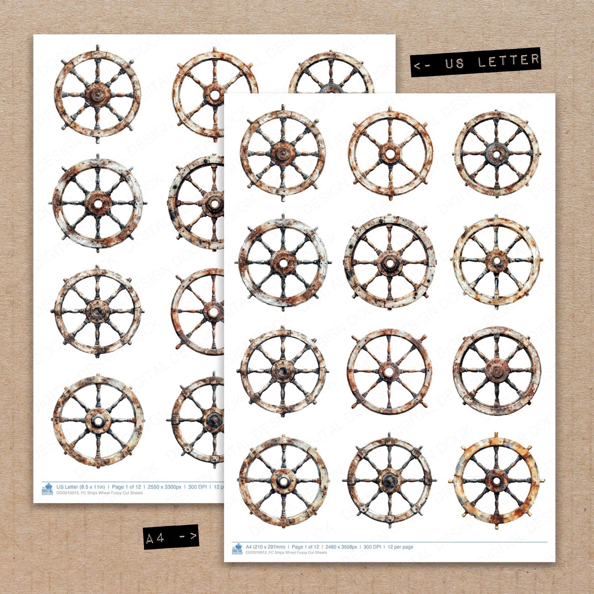 A4 and US Letter format comparison showing Ships Wheel fussy cut pages for print and cut crafting