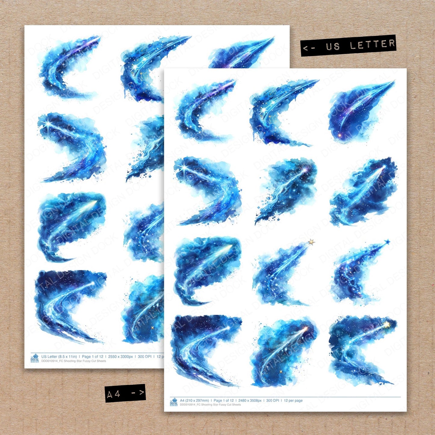 A4 and US Letter format comparison showing Shooting Star fussy cut pages for print and cut crafting