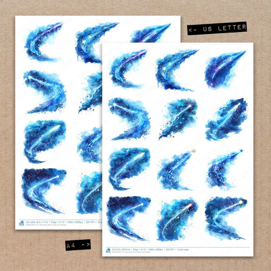 A4 and US Letter format comparison showing Shooting Star fussy cut pages for print and cut crafting