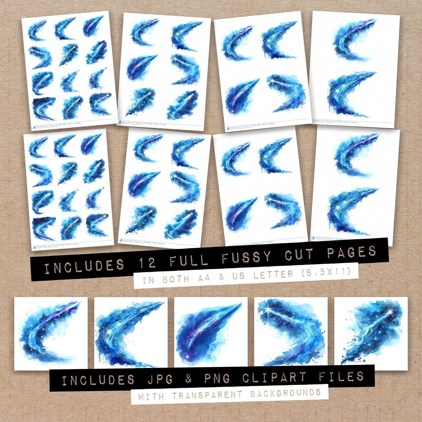 Full collection view of Shooting Star fussy cut sheets with bonus clipart JPG and PNG files