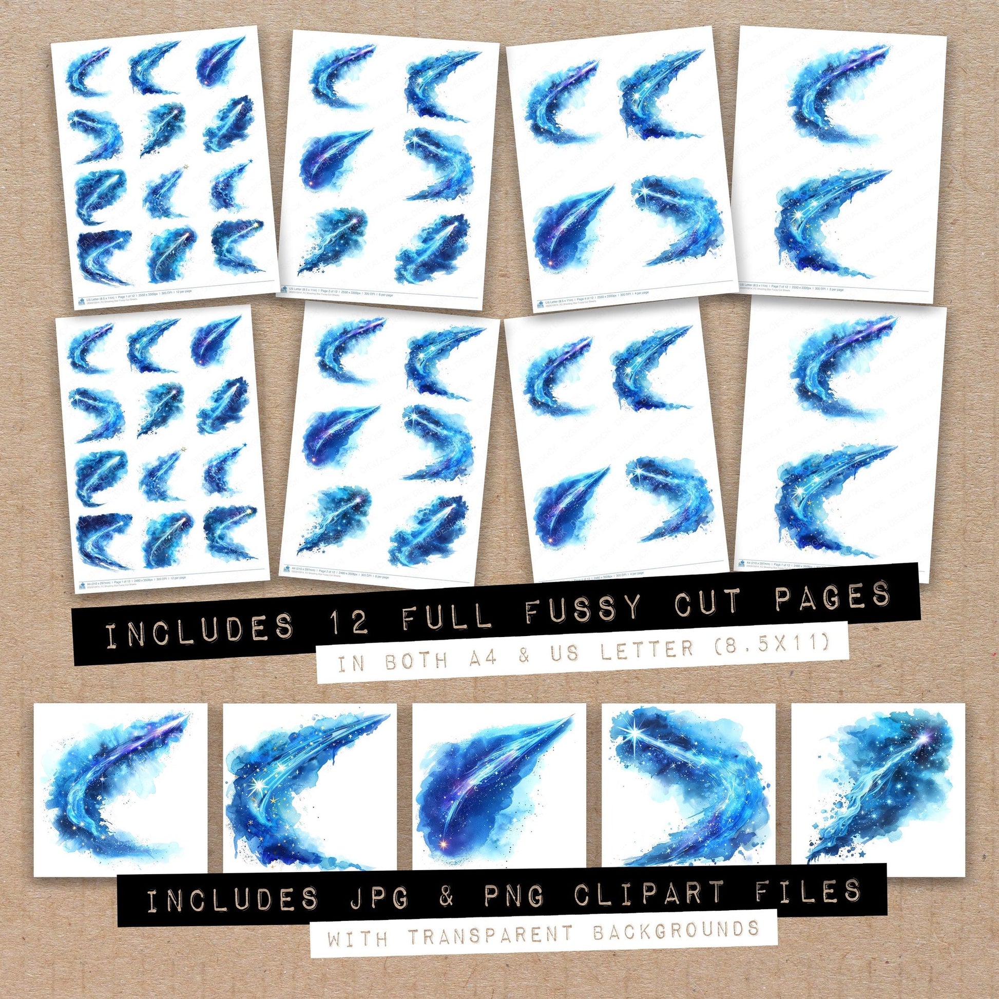 Full collection view of Shooting Star fussy cut sheets with bonus clipart JPG and PNG files