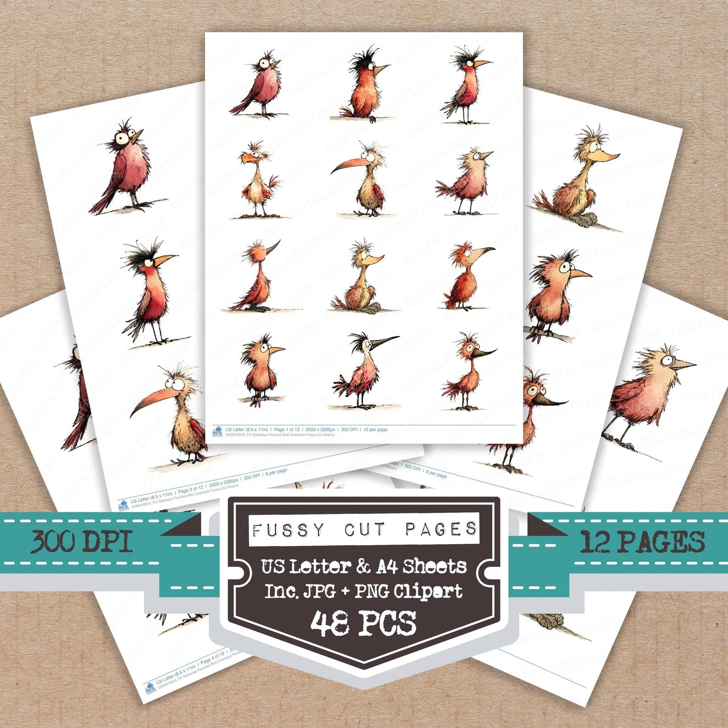 Sideways Perched Bird Character Fussy Cut Sheets (DDD010915)