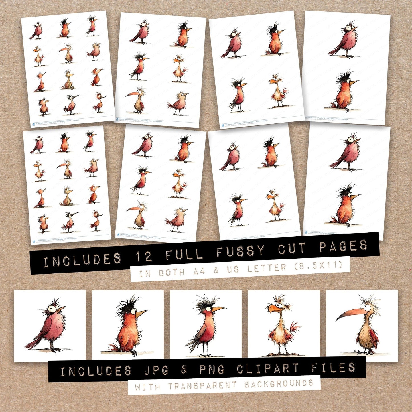 Sideways Perched Bird Character Fussy Cut Sheets (DDD010915)