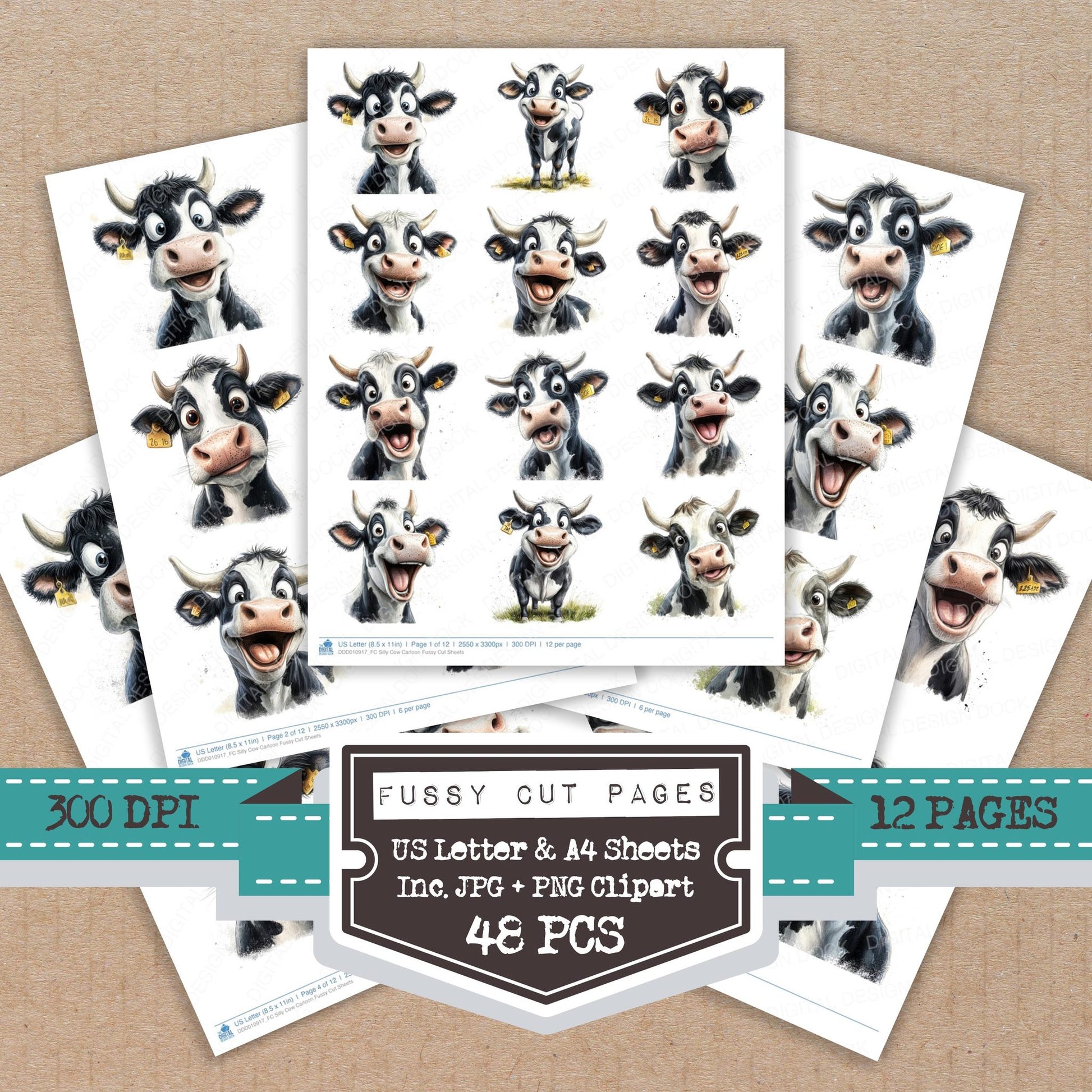 Silly Cow Cartoon fussy cut printable sheets for junk journaling, scrapbooking, and paper craft projects