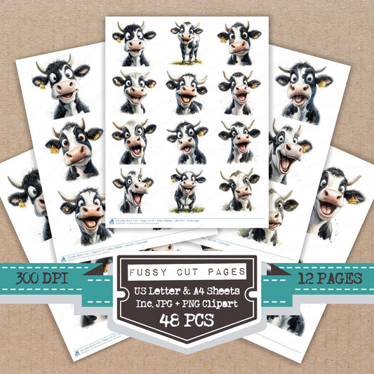 Silly Cow Cartoon fussy cut printable sheets for junk journaling, scrapbooking, and paper craft projects