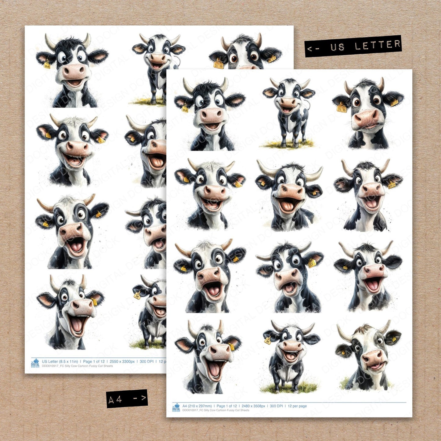 A4 and US Letter format comparison showing Silly Cow Cartoon fussy cut pages for print and cut crafting