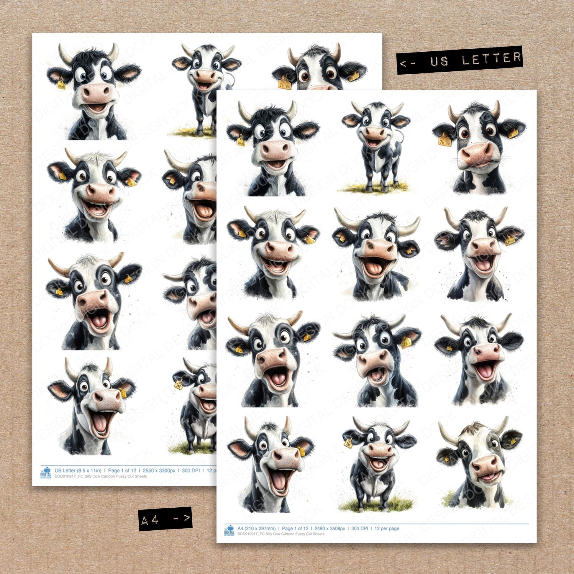A4 and US Letter format comparison showing Silly Cow Cartoon fussy cut pages for print and cut crafting