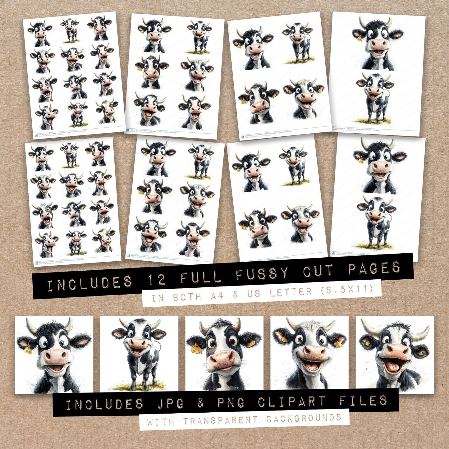 Full collection view of Silly Cow Cartoon fussy cut sheets with bonus clipart JPG and PNG files
