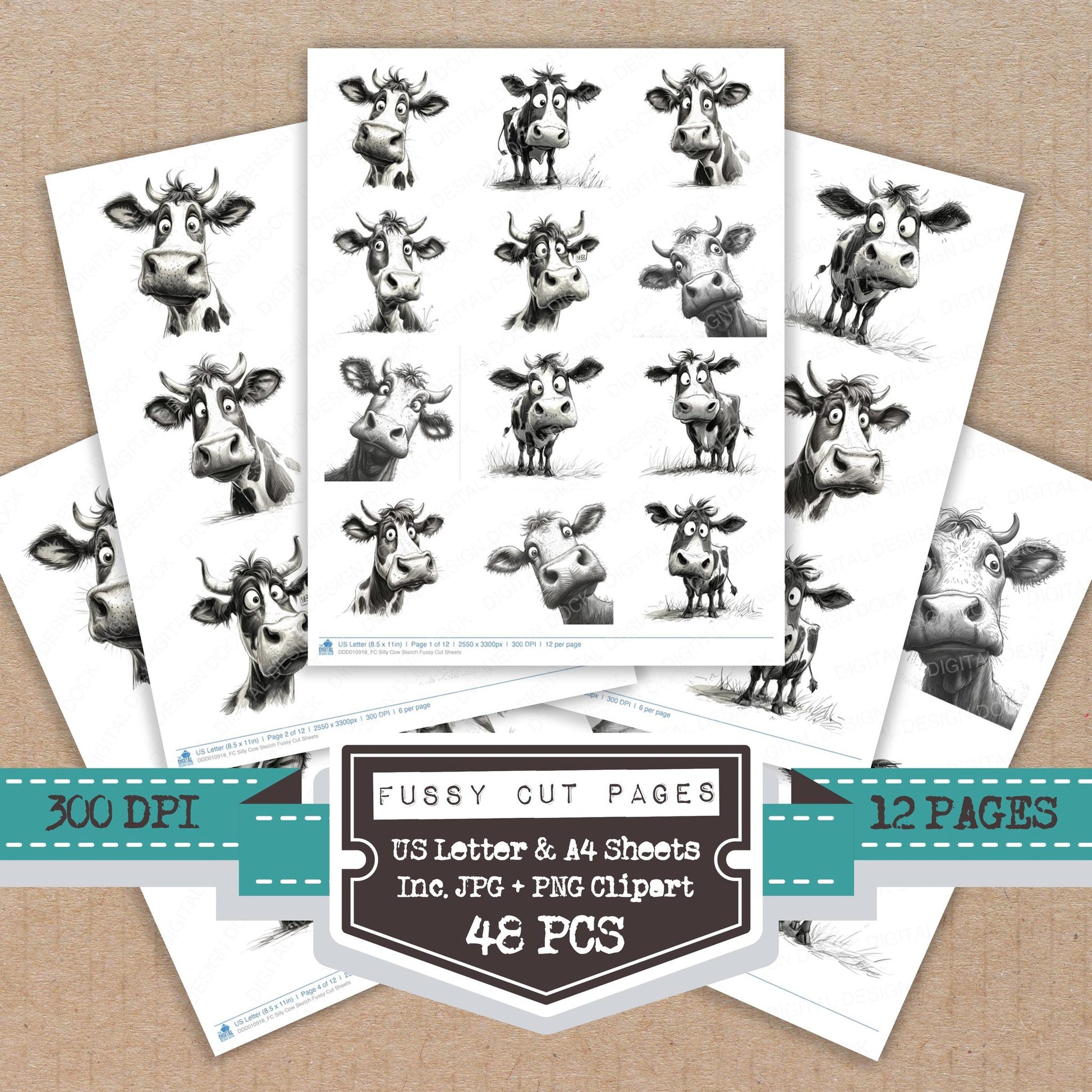 Silly Cow Sketch fussy cut printable sheets for junk journaling, scrapbooking, and paper craft projects
