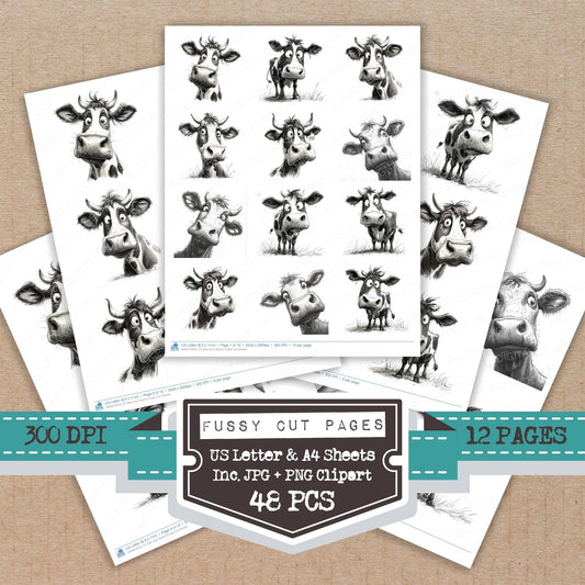 Silly Cow Sketch fussy cut printable sheets for junk journaling, scrapbooking, and paper craft projects