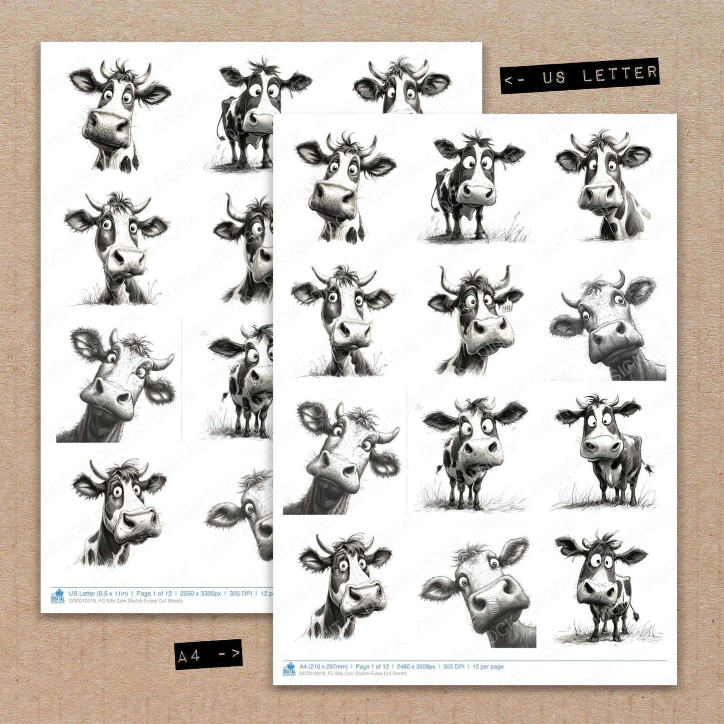 A4 and US Letter format comparison showing Silly Cow Sketch fussy cut pages for print and cut crafting