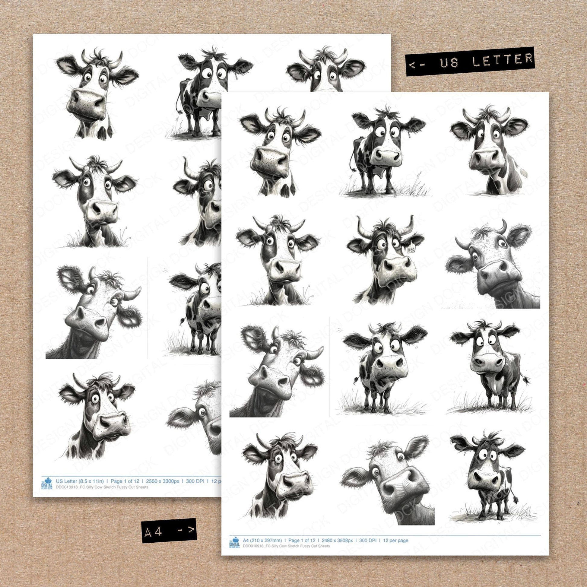 A4 and US Letter format comparison showing Silly Cow Sketch fussy cut pages for print and cut crafting