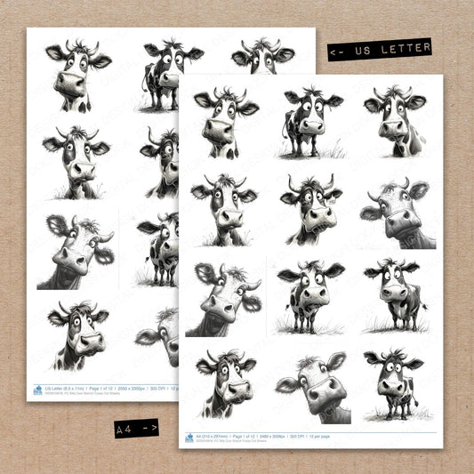 A4 and US Letter format comparison showing Silly Cow Sketch fussy cut pages for print and cut crafting
