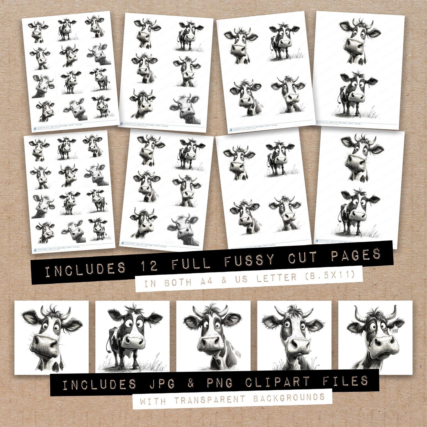 Full collection view of Silly Cow Sketch fussy cut sheets with bonus clipart JPG and PNG files