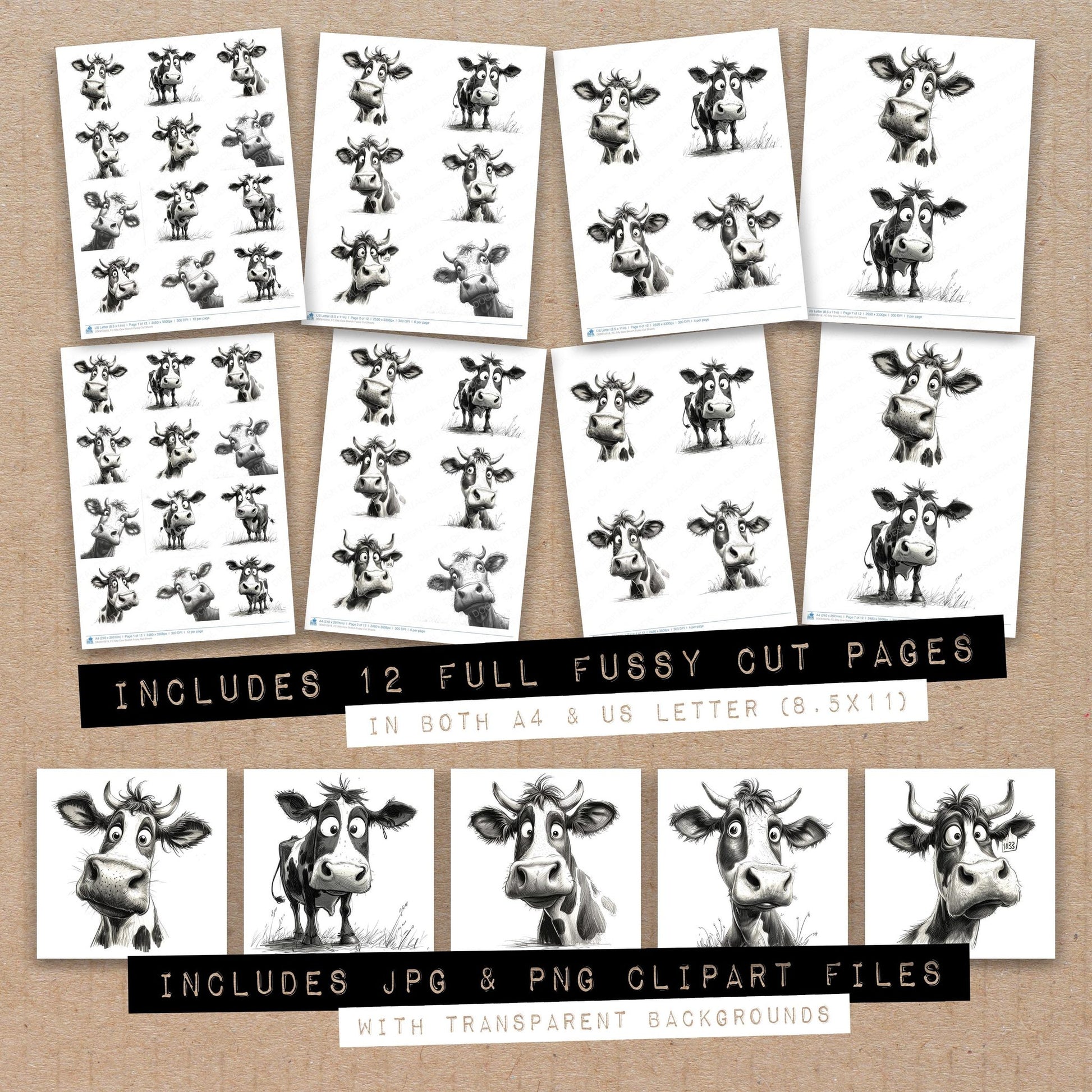 Full collection view of Silly Cow Sketch fussy cut sheets with bonus clipart JPG and PNG files