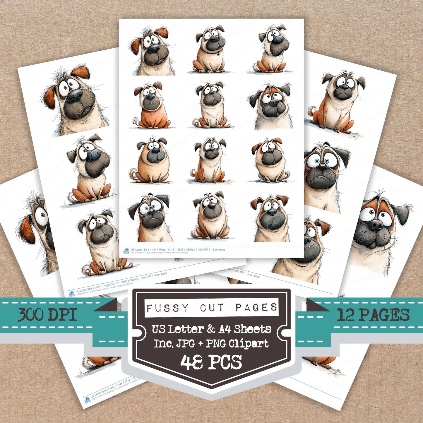 Silly Dog Character Portrait fussy cut printable sheets for junk journaling, scrapbooking, and paper craft projects
