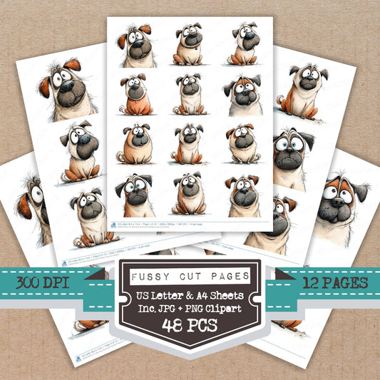 Silly Dog Character Portrait fussy cut printable sheets for junk journaling, scrapbooking, and paper craft projects
