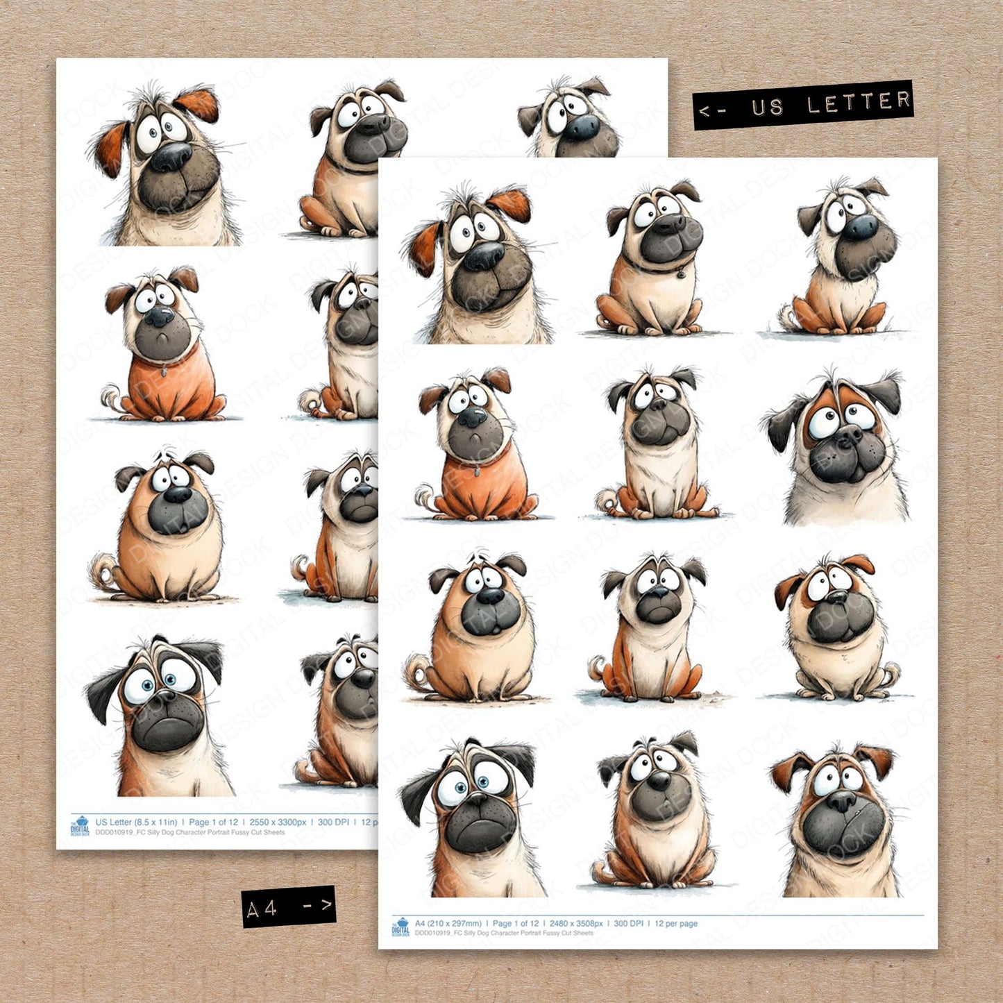 A4 and US Letter format comparison showing Silly Dog Character Portrait fussy cut pages for print and cut crafting