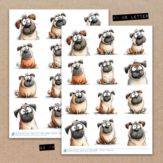 A4 and US Letter format comparison showing Silly Dog Character Portrait fussy cut pages for print and cut crafting