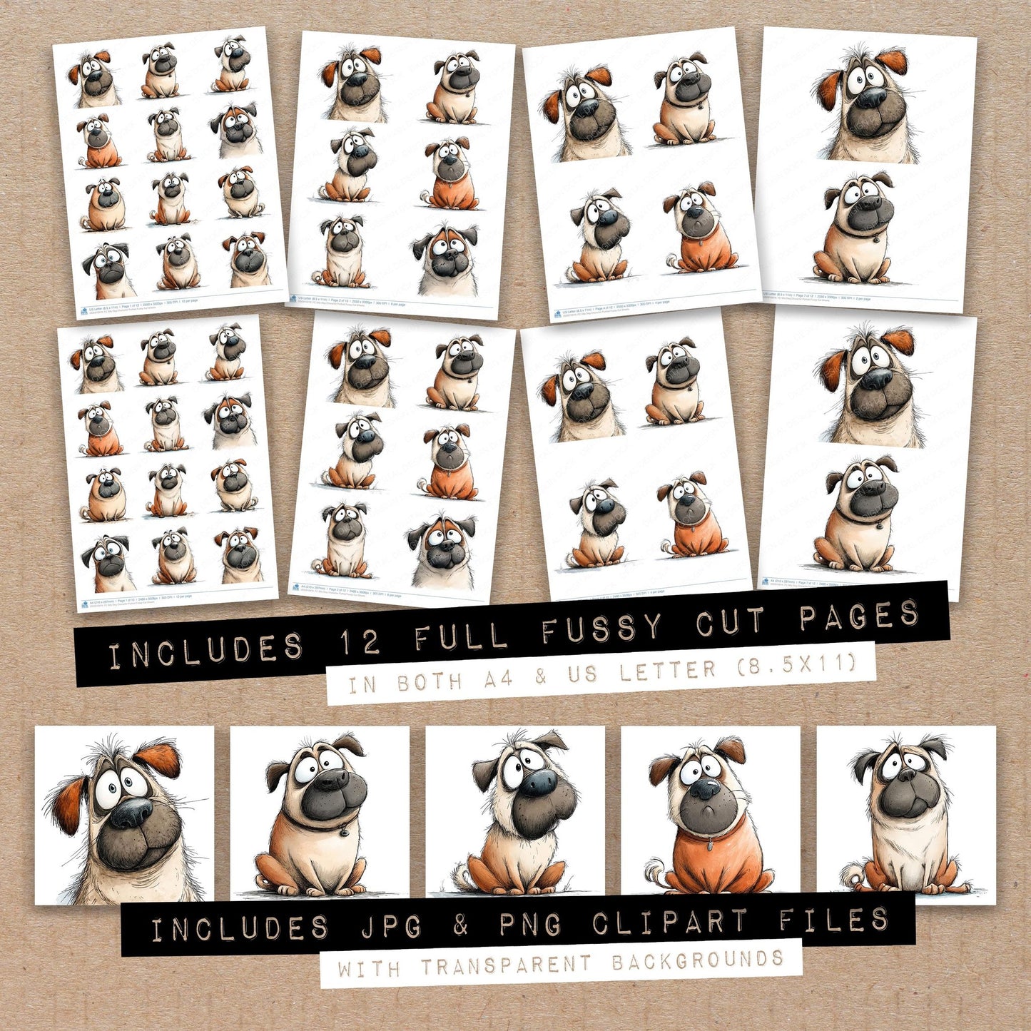 Full collection view of Silly Dog Character Portrait fussy cut sheets with bonus clipart JPG and PNG files