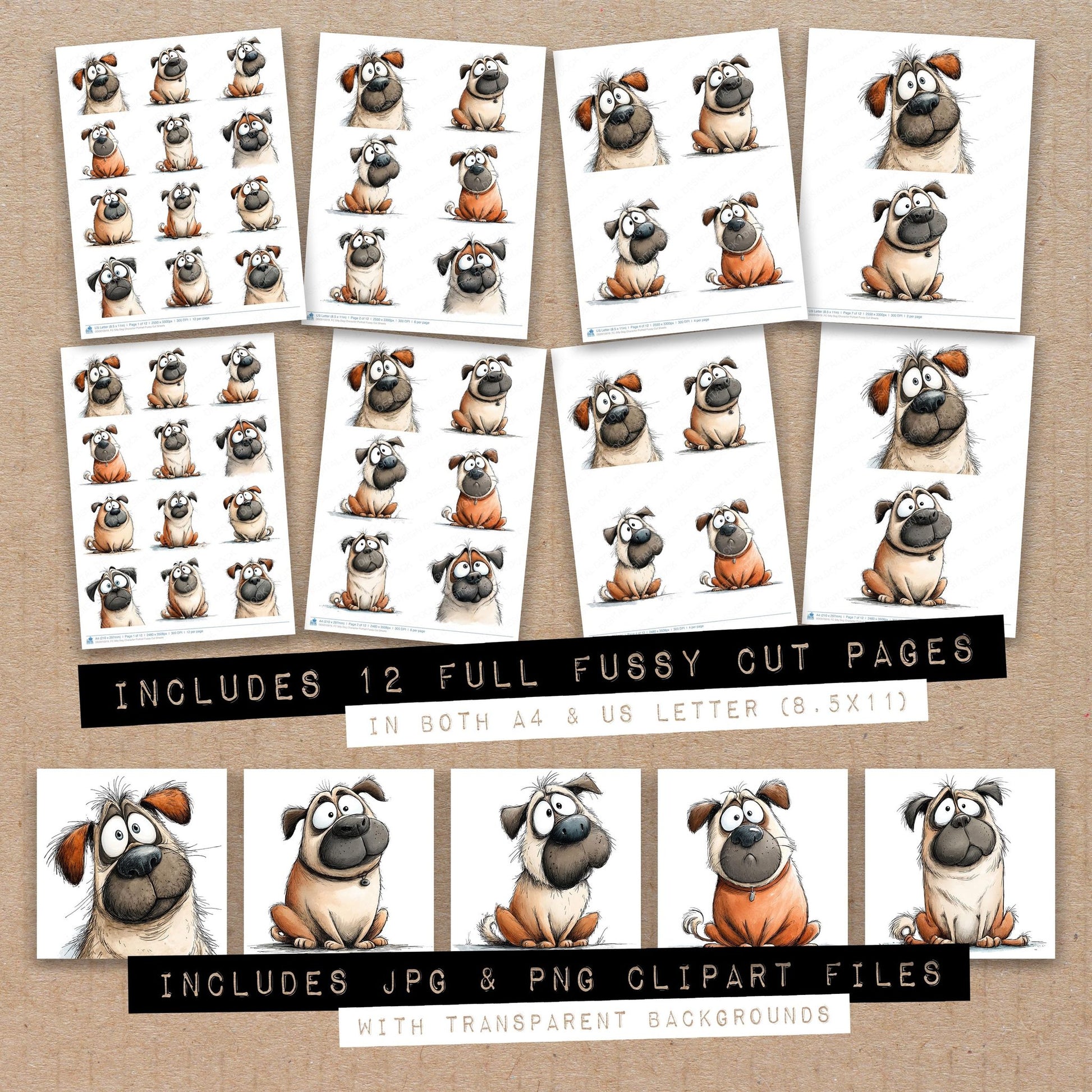 Full collection view of Silly Dog Character Portrait fussy cut sheets with bonus clipart JPG and PNG files