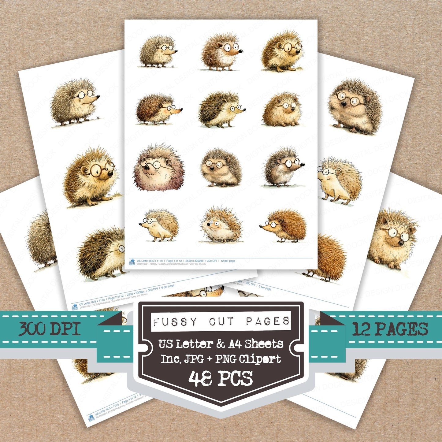 Silly Hedgehog Character Illustration fussy cut printable sheets for junk journaling, scrapbooking, and paper craft projects