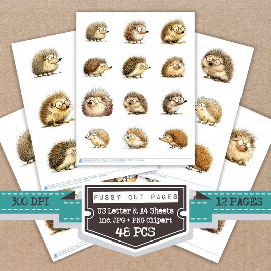 Silly Hedgehog Character Illustration fussy cut printable sheets for junk journaling, scrapbooking, and paper craft projects