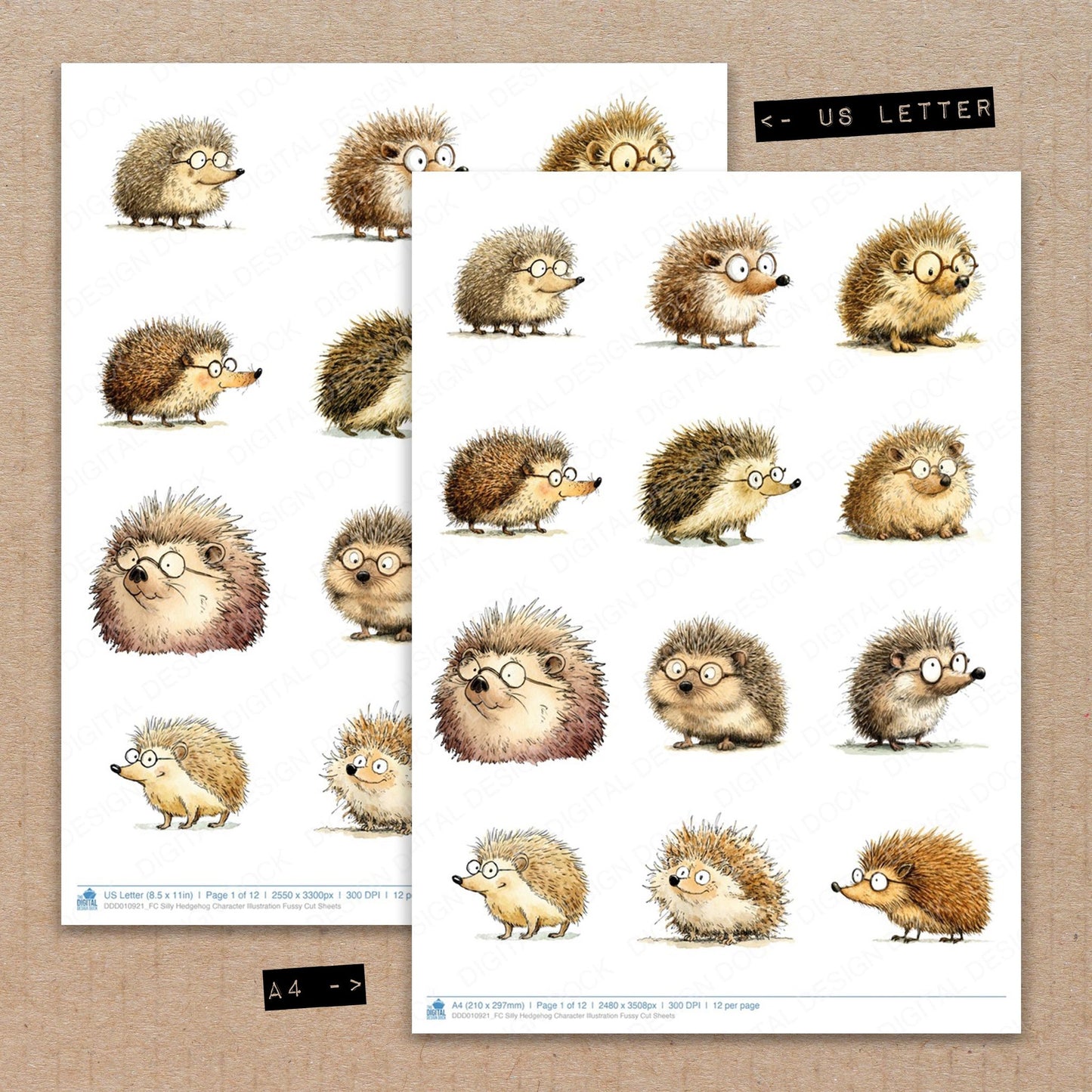 A4 and US Letter format comparison showing Silly Hedgehog Character Illustration fussy cut pages for print and cut crafting
