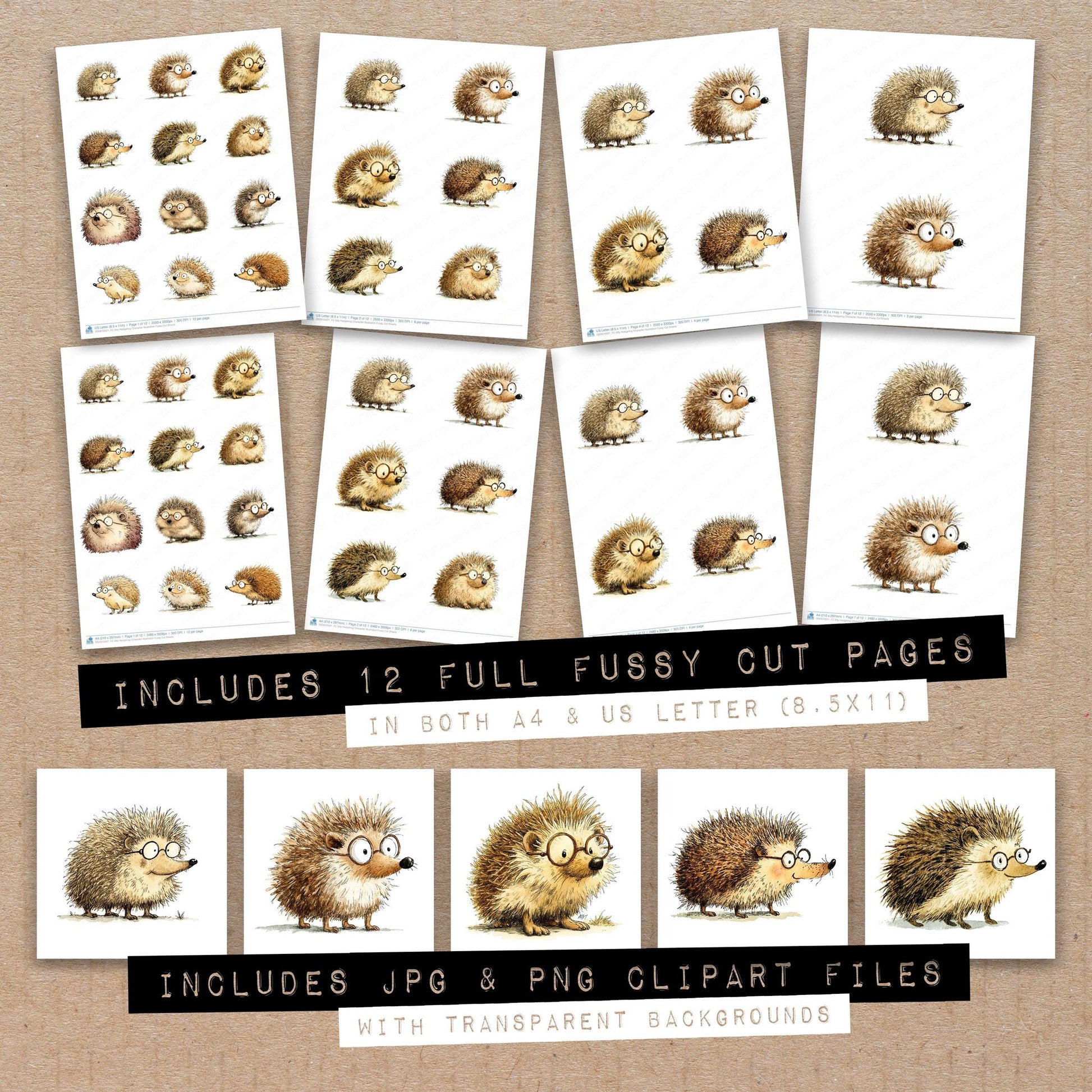 Full collection view of Silly Hedgehog Character Illustration fussy cut sheets with bonus clipart JPG and PNG files