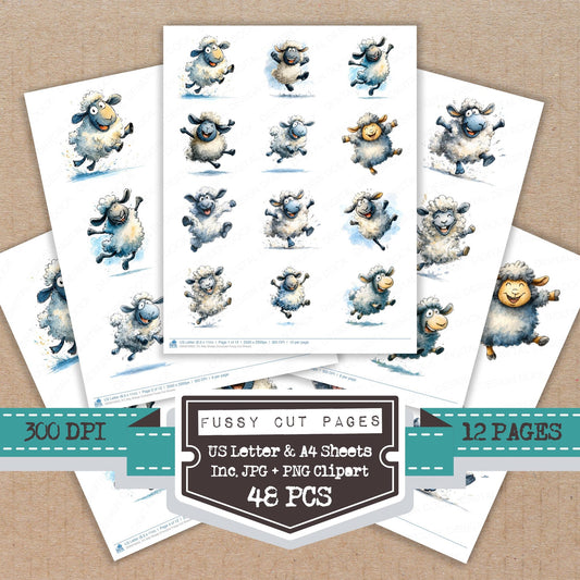 Silly Sheep Character fussy cut printable sheets for junk journaling, scrapbooking, and paper craft projects