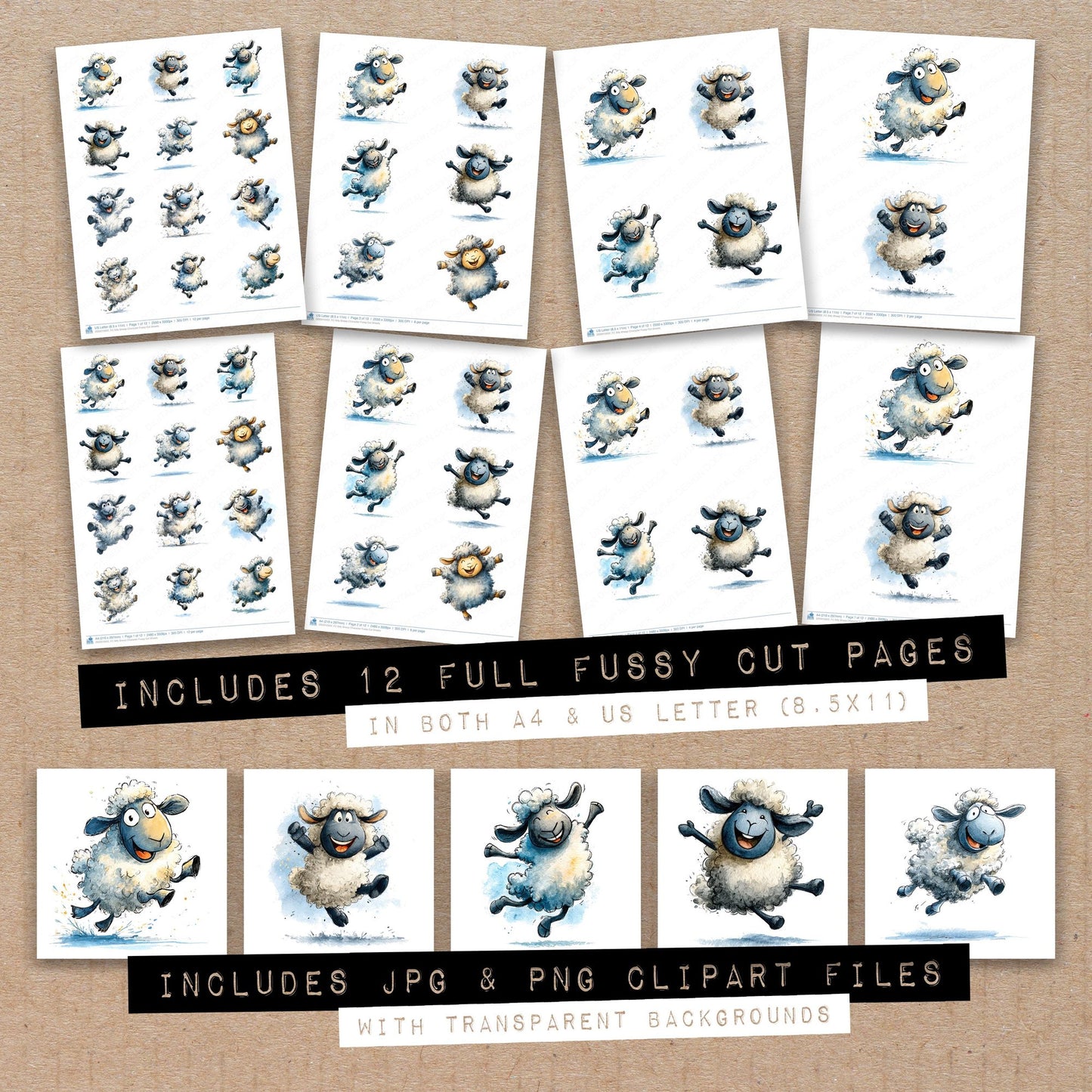 Full collection view of Silly Sheep Character fussy cut sheets with bonus clipart JPG and PNG files