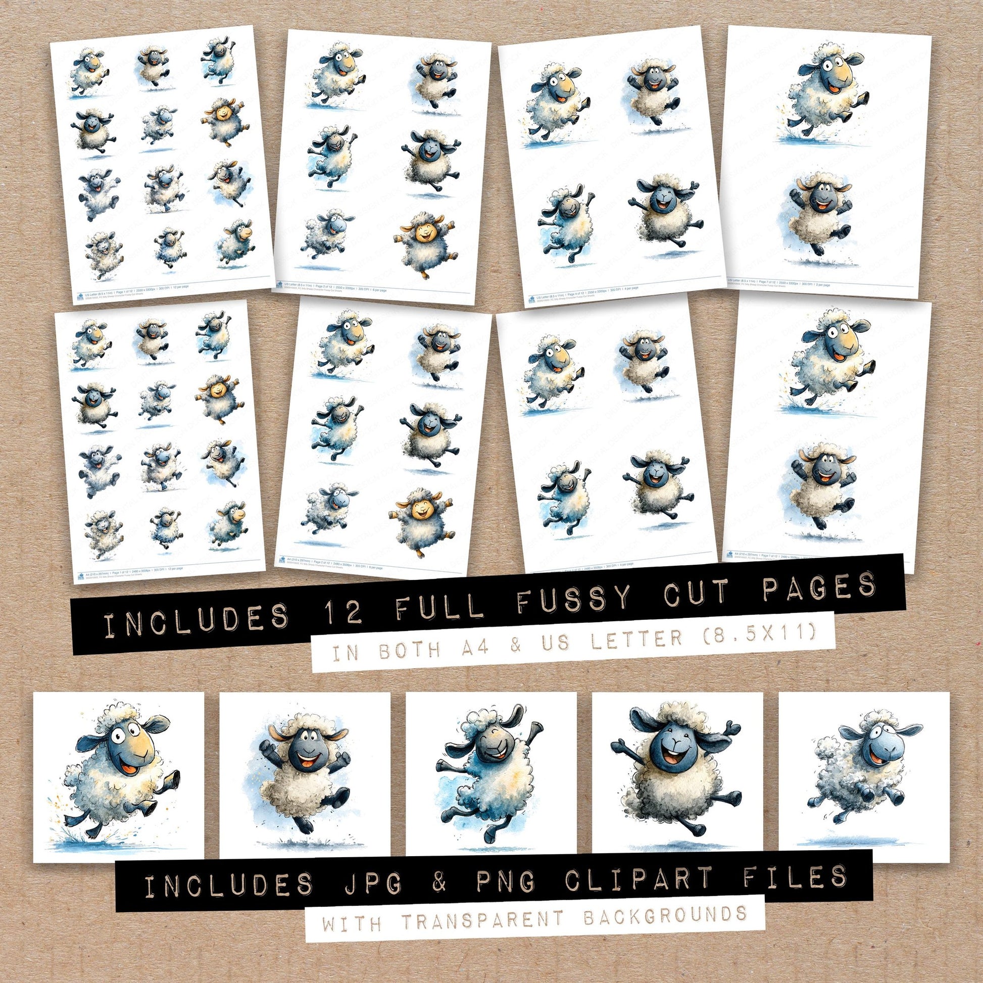 Full collection view of Silly Sheep Character fussy cut sheets with bonus clipart JPG and PNG files