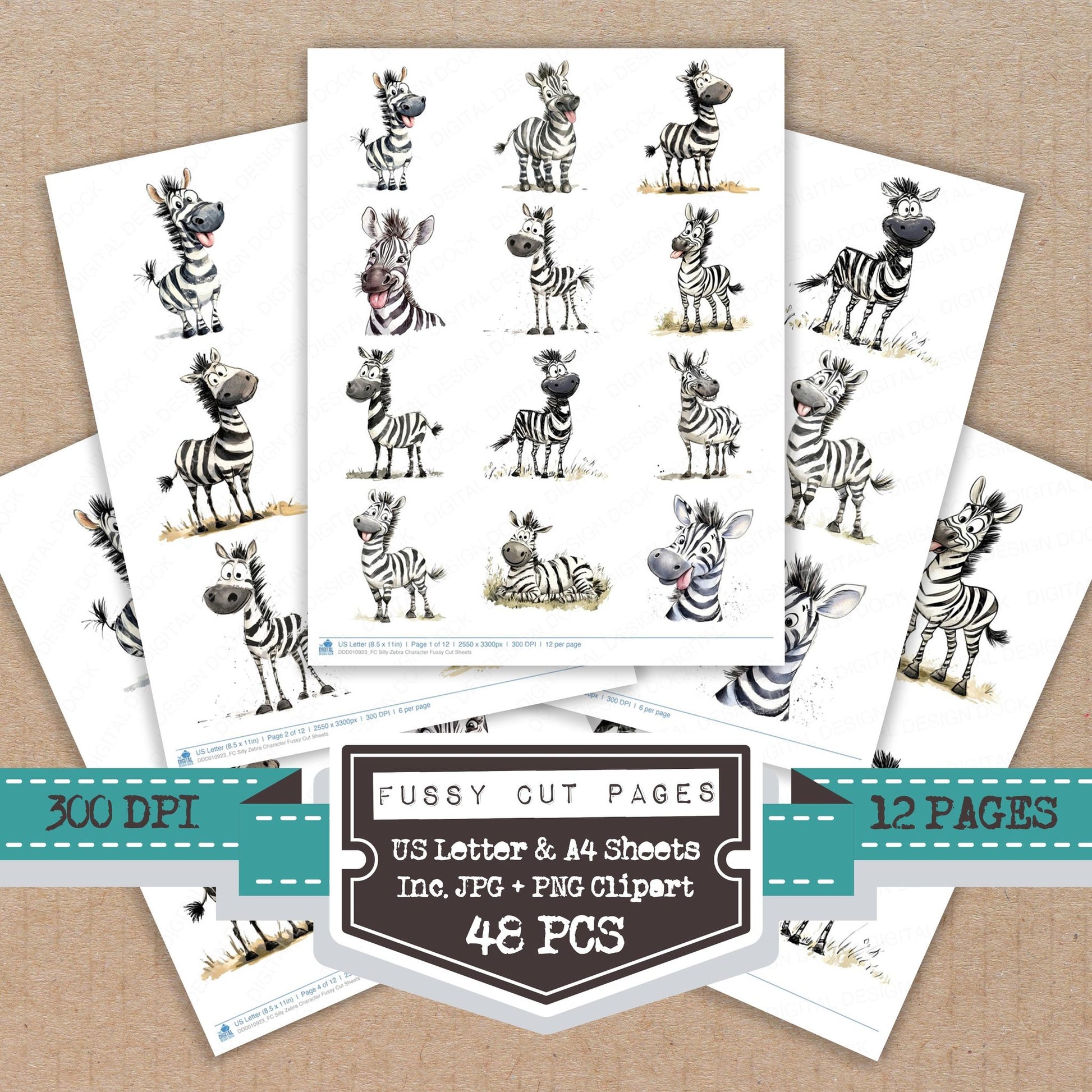 Silly Zebra Character fussy cut printable sheets for junk journaling, scrapbooking, and paper craft projects
