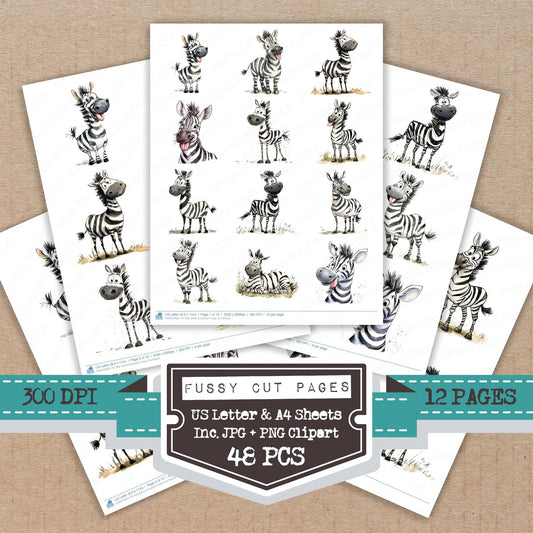 Silly Zebra Character fussy cut printable sheets for junk journaling, scrapbooking, and paper craft projects