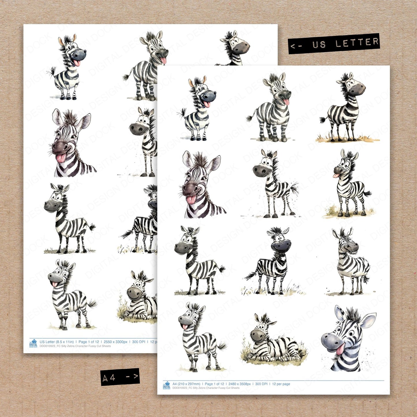 A4 and US Letter format comparison showing Silly Zebra Character fussy cut pages for print and cut crafting